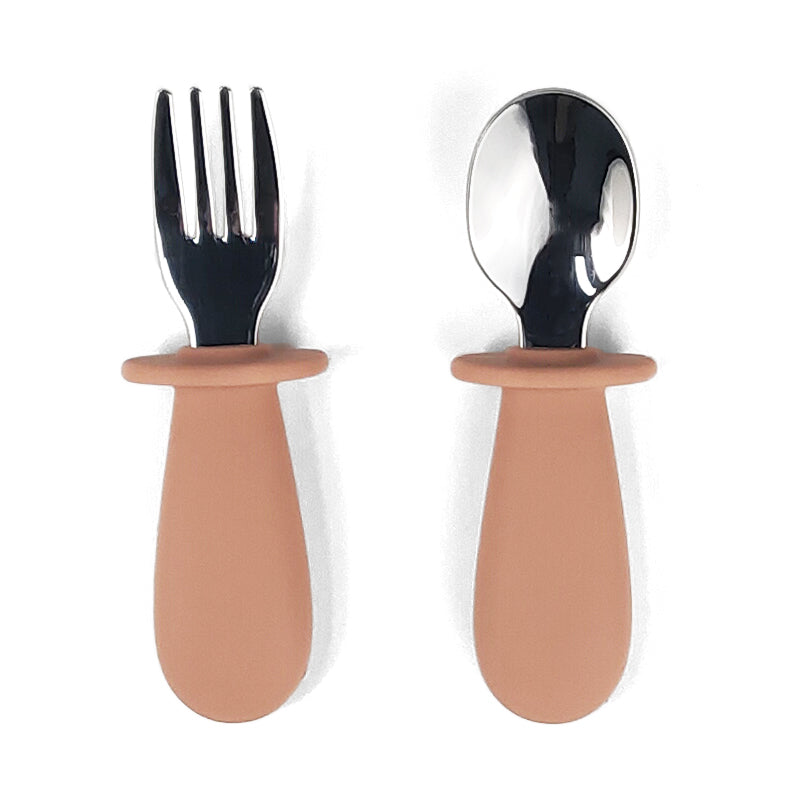 Tenedor Y Cuchara Rosa Viejo Amorino (Acero Inox. Y Silicona)