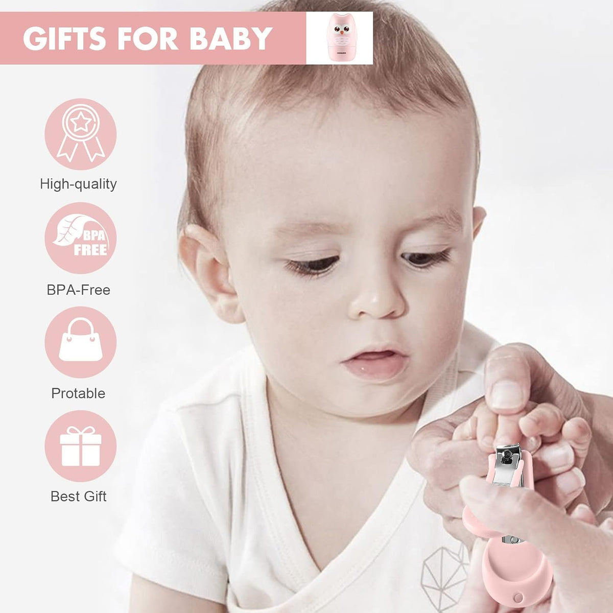 Kit de higiene Búho 4 en 1 para recién nacido Rosa