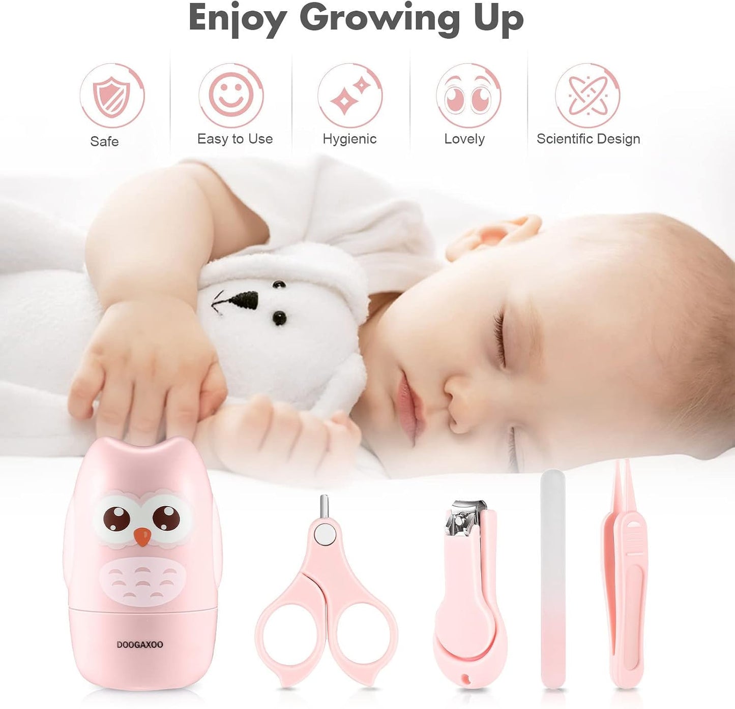 Kit de higiene Búho 4 en 1 para recién nacido Rosa